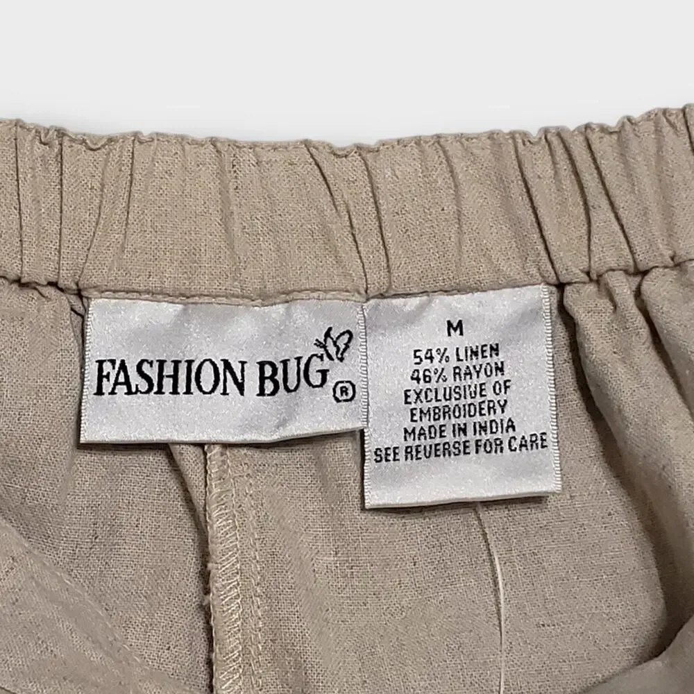 Vtg Fashion Bug Linen Blend Floral Embroidered Crop Pant Medium Neutral Tan NWOT